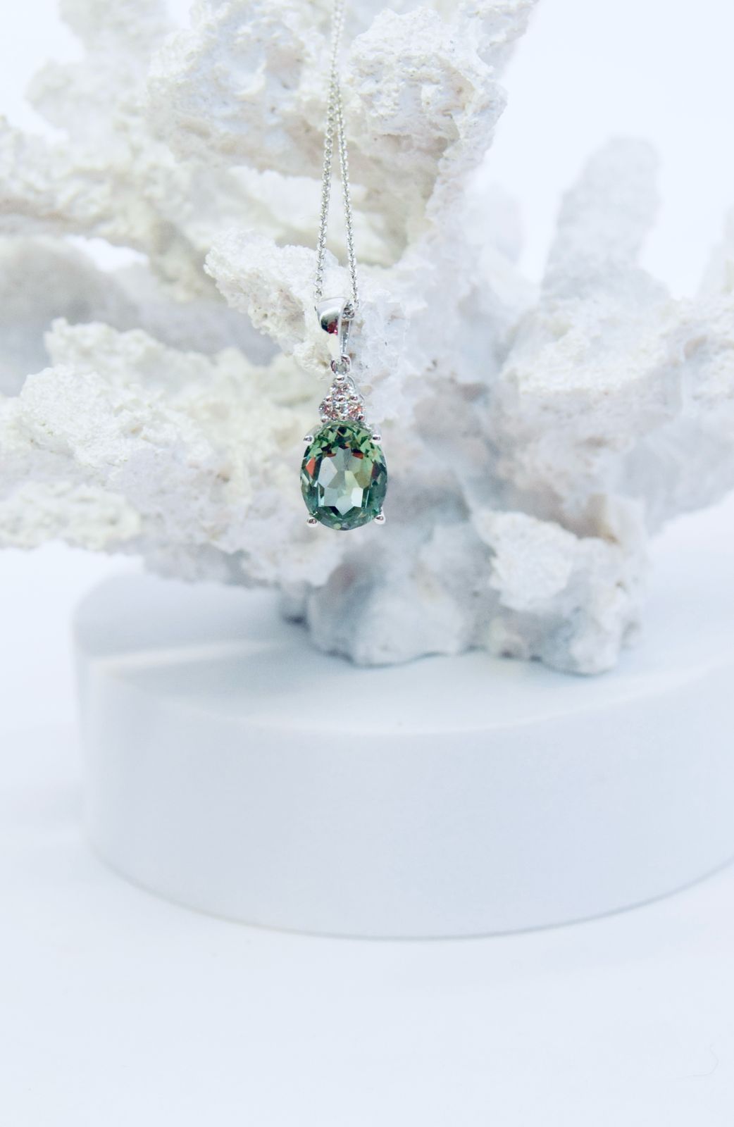 9ct White Gold Diamond & Green Topaz Pendant With Chain