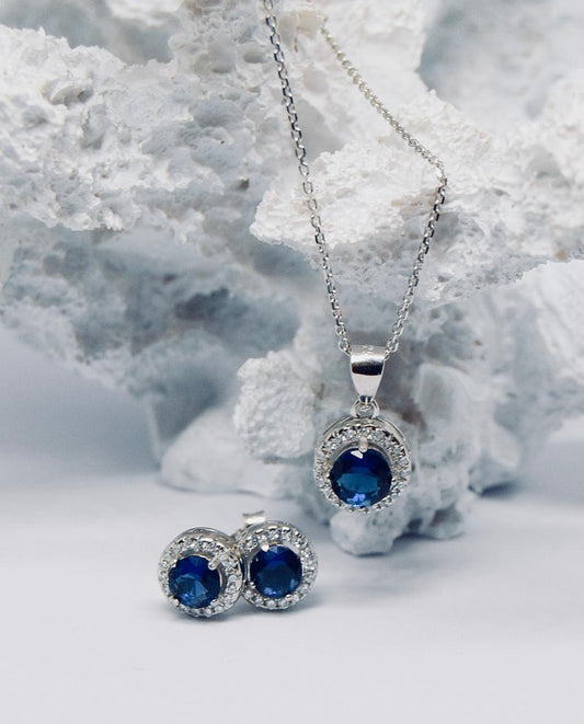 Silver Blue and White Cubic Zirconia Halo Earring And Pendant Set