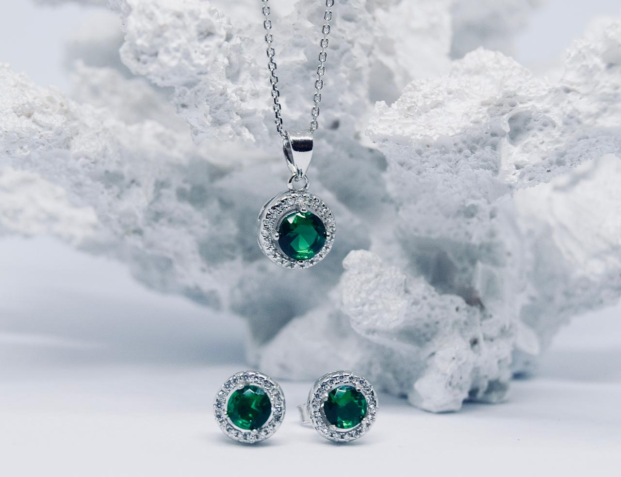 Silver Green and White Cubic Zirconia Halo Earring And Pendant Set
