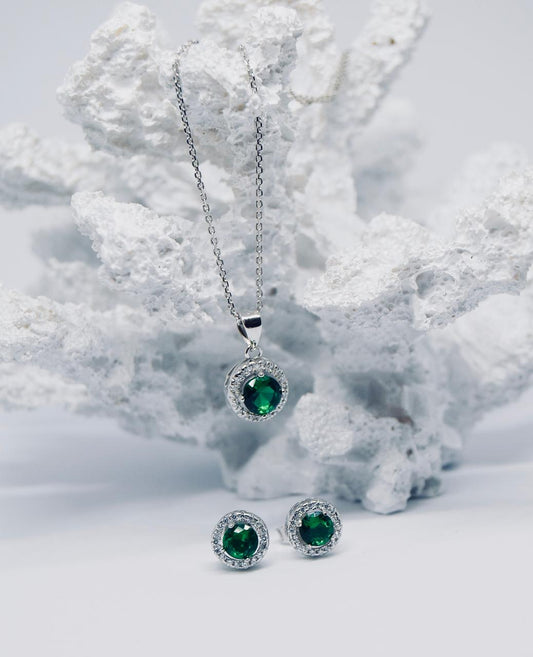 Silver Green and White Cubic Zirconia Halo Earring And Pendant Set