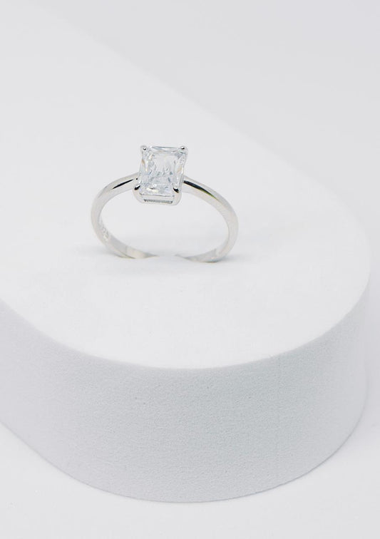 Silver Emerald Cut Cubic Zirconia Solitaire Ring
