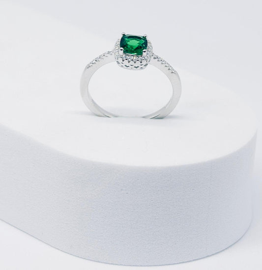 Silver Ladies Green and White Cluster and Channel Cubic Zirconia Ring
