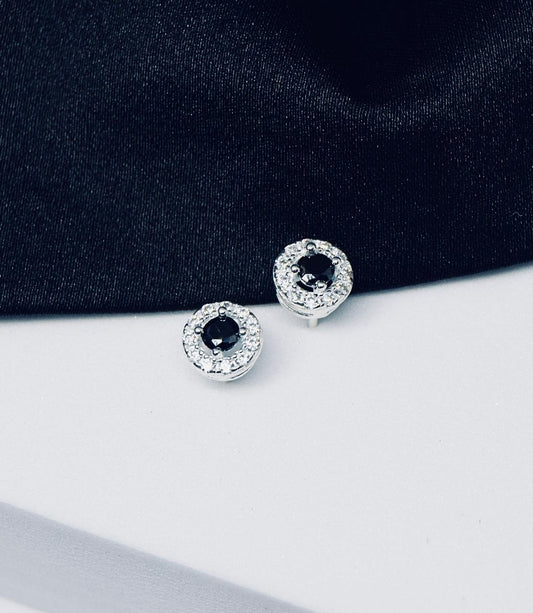 Silver 6mm Black and White Cubic Zirconia Halo Stud Earring