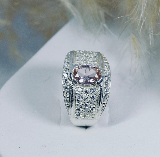 Silver Broad Cubic Zirconia And Synthetic Morganite Ring